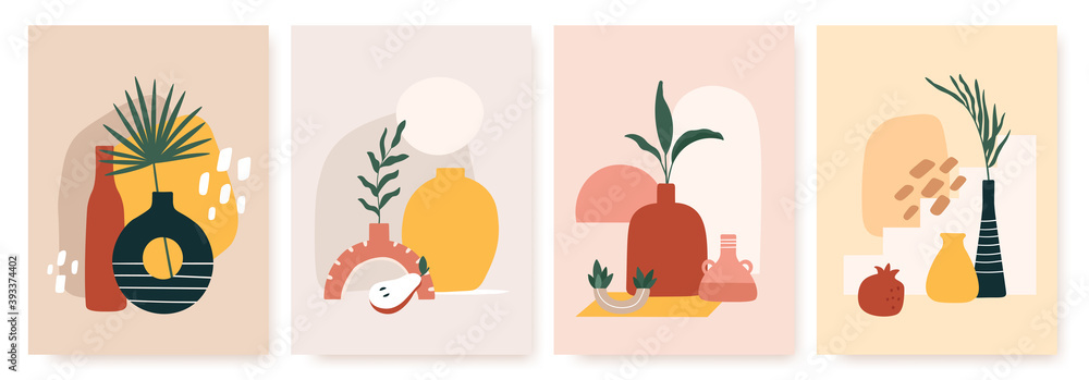 Abstract posters with vases. Trendy still life collage with pot, fruit, vase and tropical palm leaf. Hand drawn minimalist shape vector set. Illustration pot with flower image for interior decorative