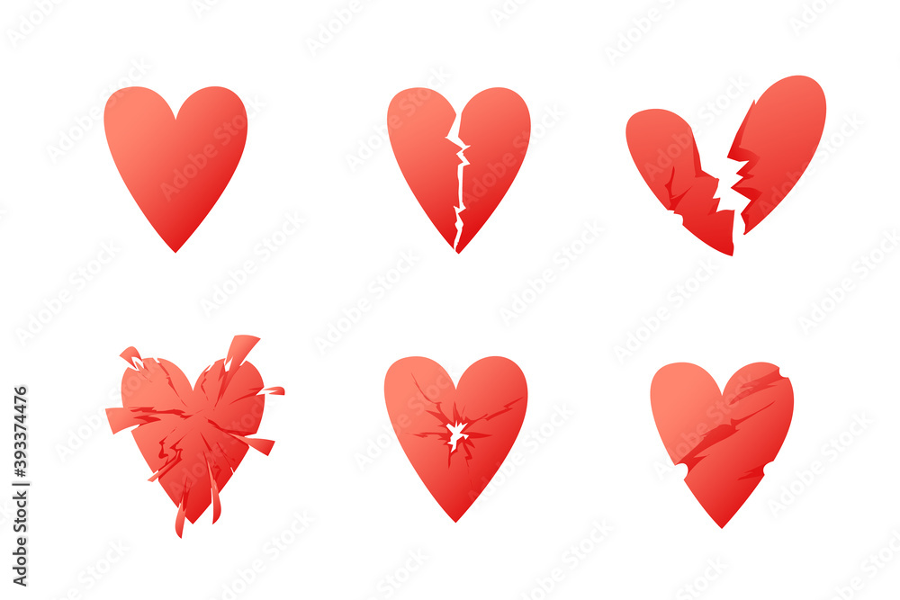 Set of illustrations of a broken human heart on a white background. Modern flat, heart disease. Shattered organ, cardiovascular dystonia.
