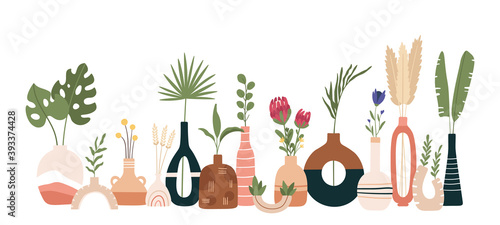 Ceramic vase poster. Scandinavian art with vases, pots and jugs. Handmade pottery kitchen banner. Minimal modern flat vector print. Scandinavian ceramic vase, floral decoration blossom illustration