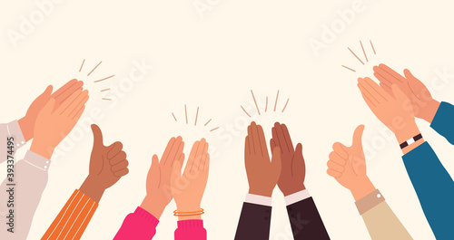 Human hands clapping. People crowd applaud to congratulate success job. Hand thumbs up. Business team cheering and ovation vector concept. Illustration support celebration, appreciation friendship photo