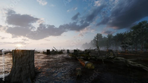 Tree stumps left after deforestation, mild rain, 4K photo