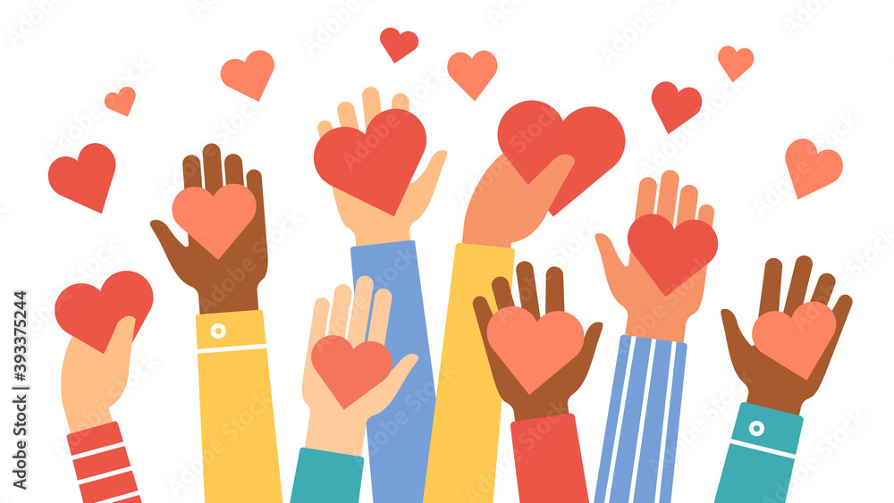 Obraz premium Hands donate hearts. Charity, volunteer and community help symbol with hand gives heart. People share love. Valentines day vector concept. Give sign red heart in hand illustration