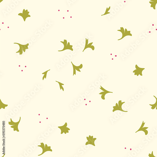 Vector seamless pattern for wallpaper, textile fabric, wrapping paper. Hand drawn ornament with green parsley and pink dots on yellow background.