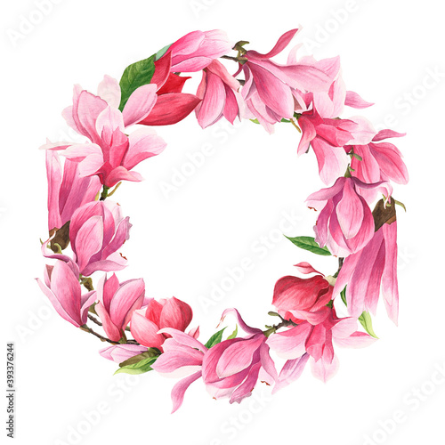 Watercolor wreath of magnolia flowers. Object on a white background.