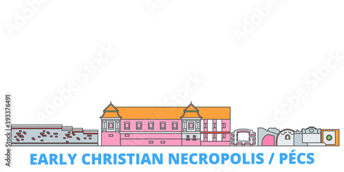 Hungary, Pecs, Early Christian Necropolis cityscape line vector. Travel flat city landmark, oultine illustration, line world icons