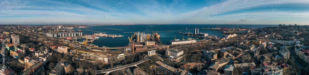 Air panorana of winter center city landscape with Primorsky Boulevard and sea port in Odessa Ukraine