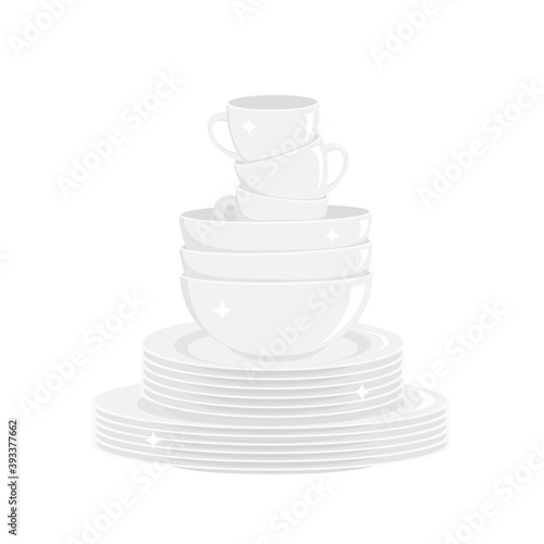 Stack of clean shining white dishes isolated on white background. Washed dishware, kitchen tableware. Vector illustration.