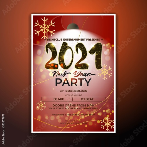 Vector illustration of New Year 2021 party invitation poster with beautiful bokeh background  New year DJ party poster   flyer  big party  free drinks   food  dj night  disco night