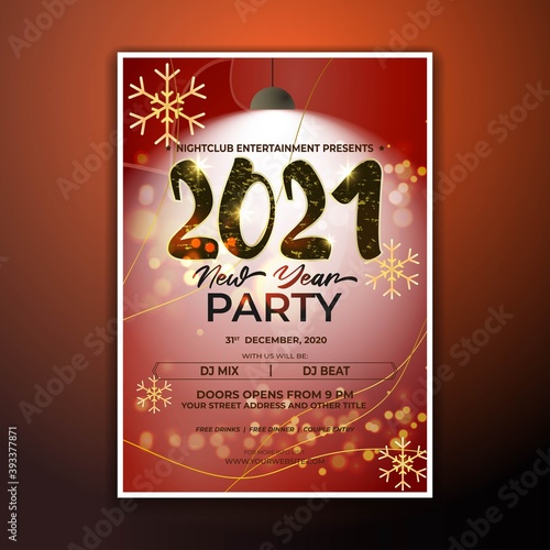 Vector illustration of New Year 2021 party invitation poster with beautiful bokeh background, New year DJ party poster , flyer, big party, free drinks & food, dj night, disco night