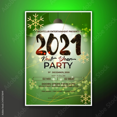 Vector illustration of New Year 2021 party invitation poster with beautiful bokeh background, New year DJ party poster , flyer, big party, free drinks & food, dj night, disco night