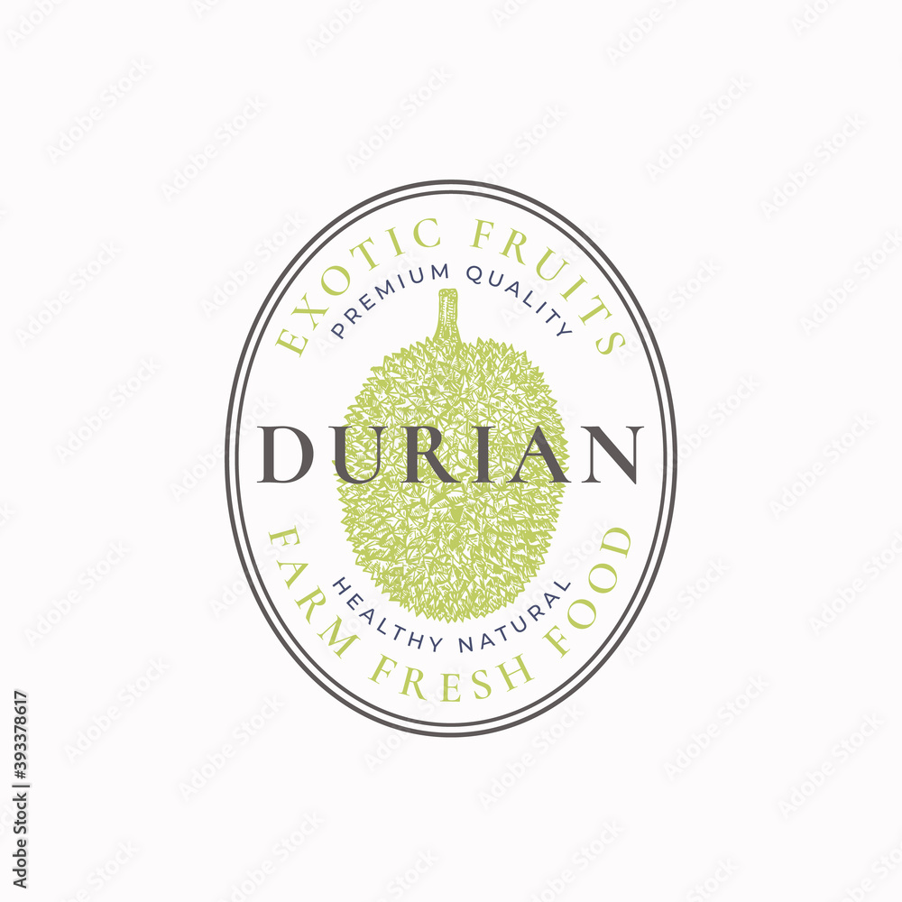 Durian Oval Frame Badge or Logo Template. Hand Drawn Fruits Sketch with Retro Typography and Borders. Vintage Premium Emblem. Isolated