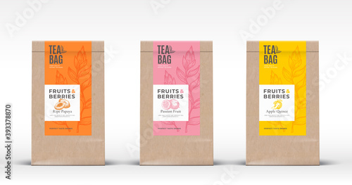 Craft Paper Bag with Exotic Fruits Tea Labels Set. Abstract Vector Packaging Design Layout with Realistic Shadows. Hand Drawn Papaya, Passion Fruit and Quince Silhouettes Background. Isolated