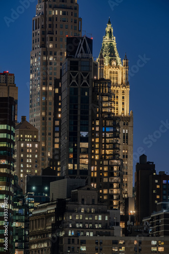 New York City - USA - Nov 4 2020: Financial District Buidling on the East River at dusk