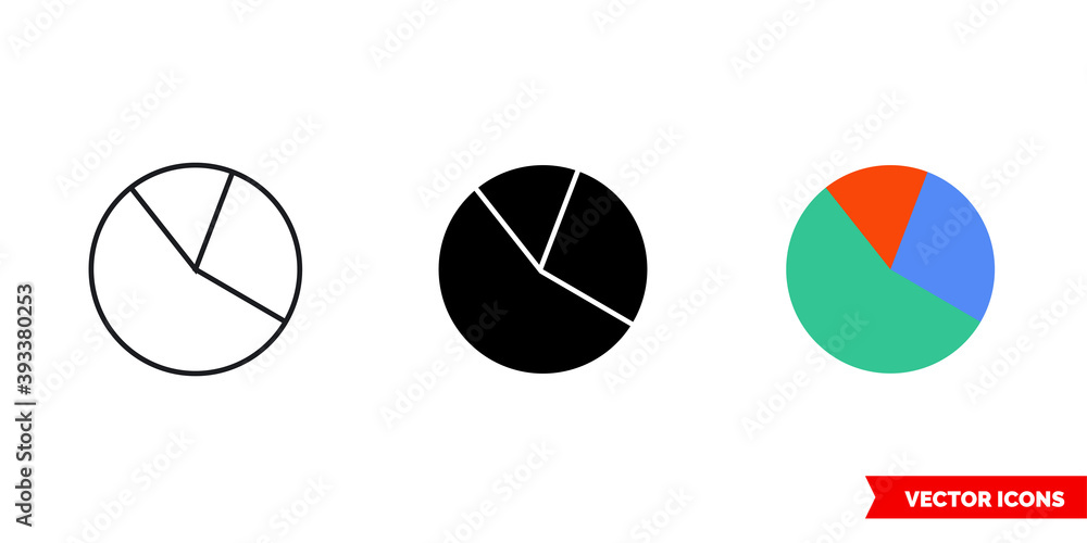 Pie chart diagram icon of 3 types color, black and white, outline. Isolated vector sign symbol.