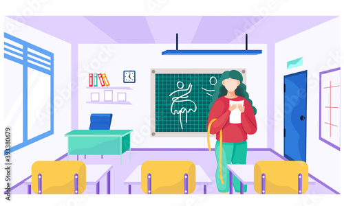 A teacher with a sheet of paper in her hands explains a new topic. Sewing lesson. Dress pattern drawn on the school board. An educational institution for future seamstresses. Class in creating clothes