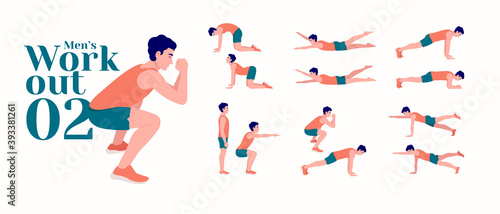 Men Workout Set. Men exercise vector set. Men doing fitness and yoga exercises. Lunges, Pushups, Squats, Dumbbell rows, Burpees, Side planks, Glute bridge, Leg Raise, Russian Twist .etc