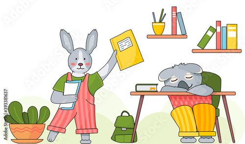 Elementary school concept, colorful vector illustration with animals students characters in the classroom. Back to school poster with animals students reading rabbit and sleeping koala at a table photo