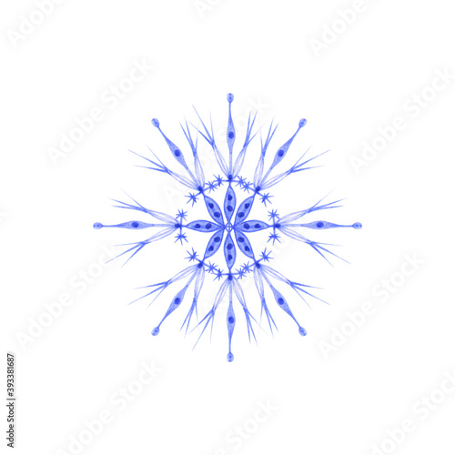 Blue watercolor snowflake isolated on a white background. Beautiful hand-drawn flake of snow for your design. Cute Christmas illustration. Winter object.