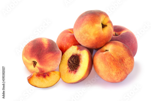 Whole peaches, half and slice isolated on white