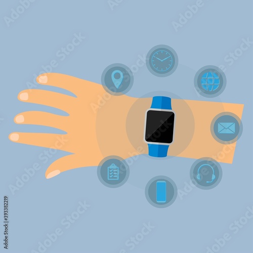 Hand wearing a smartwatch with different applications icons