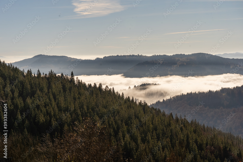 sunrise view from the mountains of Romania autumn with fog