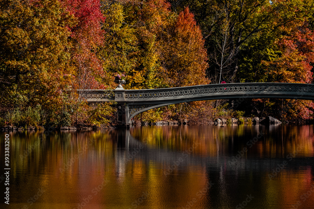 New York City - USA - Nov 5 2020: Beautiful Foliage Colors of Bow Bridge Central Park New York