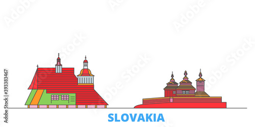 Slovakia, Wooden Churches In The Carpathian Mountain Area cityscape line vector. Travel flat city landmark, oultine illustration, line world icons