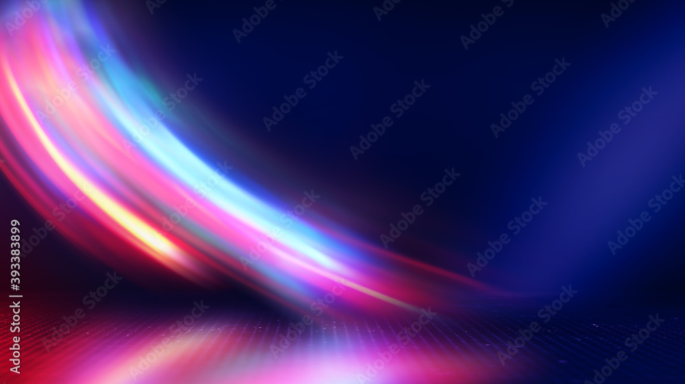 Neon abstract light rays on a dark background. Light effect, laser show, surface reflection. Ultraviolet radiation, nightclub. 3d illustration Neon abstract light rays on a dark background. Light effect, laser show, surface reflection. Ultraviolet radiation, nightclub. 3d illustration