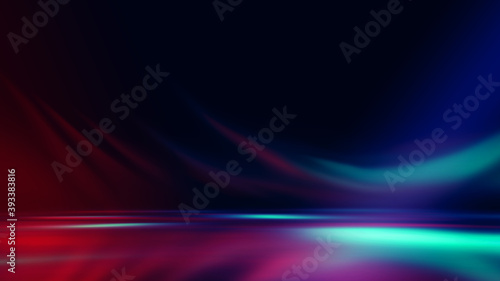 Neon abstract light rays on a dark background. Light effect, laser show, surface reflection. Ultraviolet radiation, nightclub. 3d illustration