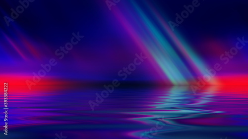 Abstract dark futuristic background. Ultraviolet multicolored beams of neon light reflect off the water. Background of empty stage show, beach party. 3d illustration