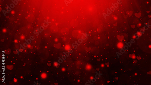 Red abstract gradient bokeh background with circles, hearts and rays
