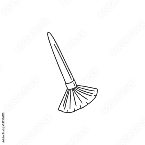Fan brush for applying cosmetics. Beauty accessory. Girly stuff. Linear doodle style. Vector illustration on isolated white background. For printing on paper and canvas, web design