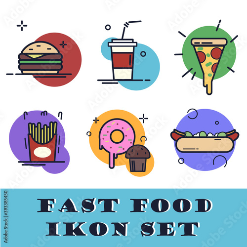 Set of fast food icons. Burger, pizza, hot dog, French fries, doughnut, soda.