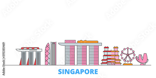 Singapore City cityscape line vector. Travel flat city landmark, oultine illustration, line world icons