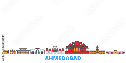 India, Ahmedabad cityscape line vector. Travel flat city landmark, oultine illustration, line world icons