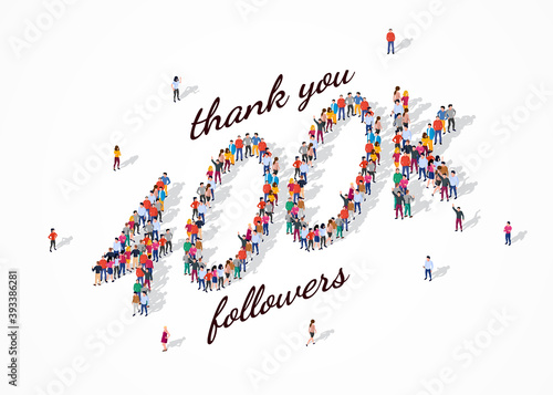 400K Followers. Group of business people are gathered together in the shape of 400000 word, for web page, banner, presentation, social media, Crowd of little people. Teamwork. Vector illustration