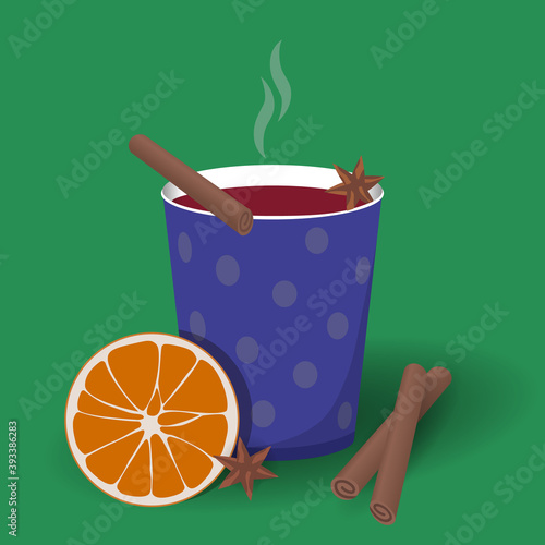 Cup of mulled wine with orange and cinnamon vector illustration