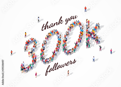 300K Followers. Group of business people are gathered together in the shape of 300000 word, for web page, banner, presentation, social media, Crowd of little people. Teamwork. Vector illustration