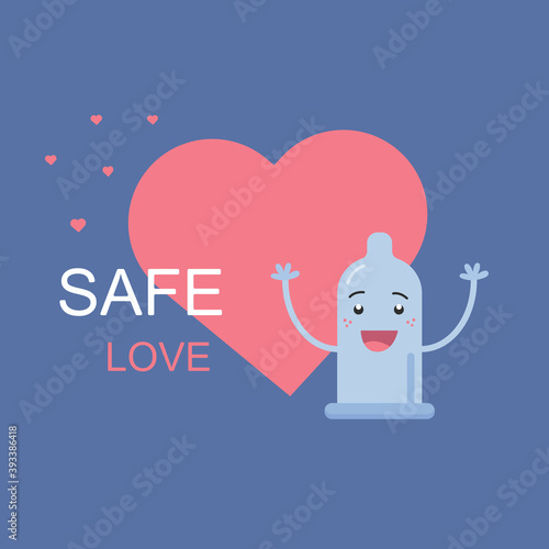Blue cartoon condom for save love in flat style. Concept of the importance of using condoms. World contraception day. Modern vector illustration