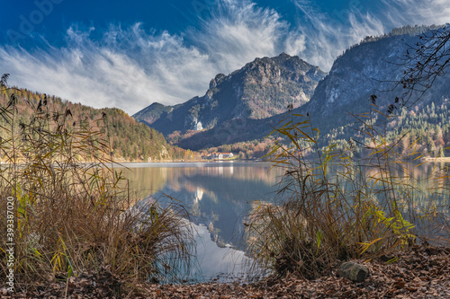 andscape in autumnal atmosphere Alpsee with Neuschwanstein Castle in the background, eastern Allgaeu near City of Fuessen