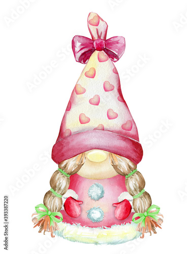 Scandinavian Christmas gnome on an isolated background. Watercolor illustration in cartoon style. photo