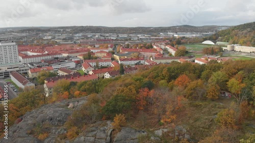 Bunkeberg Mountain and Gamlestaden, Gothenburg, Autumn Foliage, Aerial Forward photo