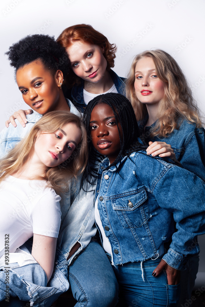 diverse multi nation girls group, teenage friends company cheerful having fun, happy smiling, cute posing isolated on white background, lifestyle people concept, african-american and caucasian diverse multi nation girls group, teenage friends company cheerful having fun, happy smiling, cute posing isolated on white background, lifestyle people concept, african-american and caucasian