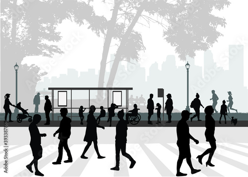 People silhouettes, urban background.
Conceptual illustration.