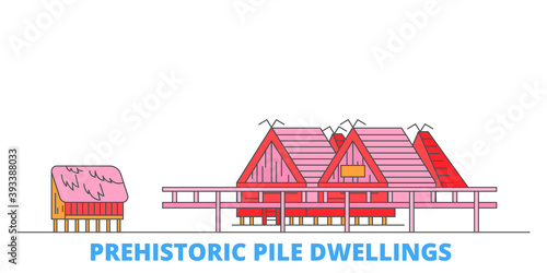 Italy, Prehistoric Pile Dwellings cityscape line vector. Travel flat city landmark, oultine illustration, line world icons