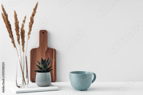 A mug and potted houseplant  a stack of books  a transparent vase and a wooden board. Eco-friendly materials in interior decor  minimalism. Copy space  mock up.