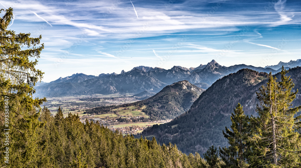 awesome view over the East Allgaeu near city of Füssen with Mount Zugspitze in Background, landscape in autumnal atmosphere