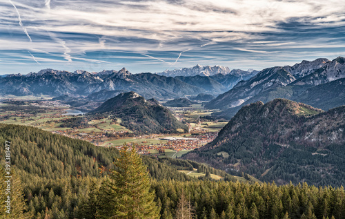 awesome view over the East Allgaeu near city of Füssen with Mount Zugspitze in Background, landscape in autumnal atmosphere