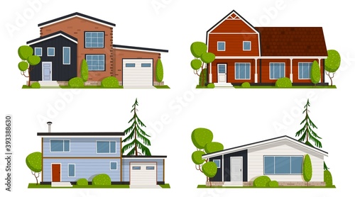 Houses set exterior flat design front view with roof and trees. Classic and modern American houses isolated on the white background. Cartoon style illustration.