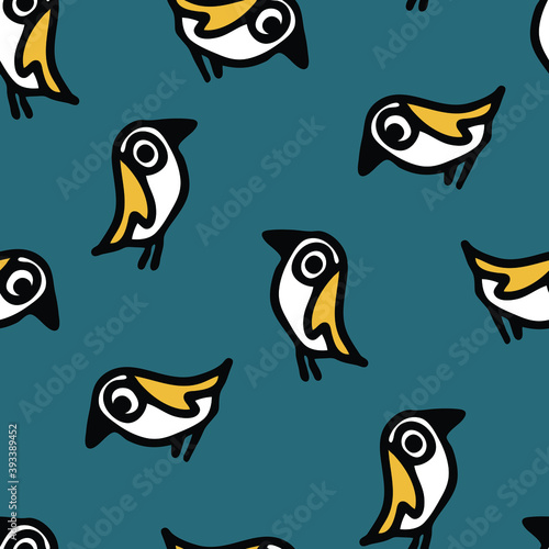 Seamless vector pattern with cartoon birds on blue background. Simple decorative robin wallpaper design. Hand drawn parrot fashion textile.